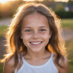 A portrait of a young girl with sparkling eyes and a vibrant smile, bathed in the warm glow of a setting sun.