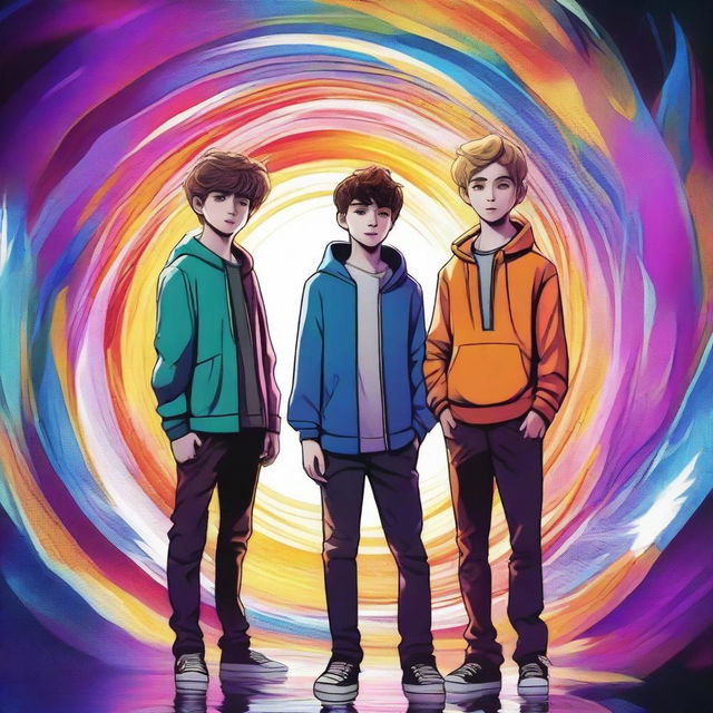 This high-quality digital art showcases three teenage boys, standing confidently in front of a swirling time portal