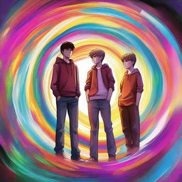 This high-quality digital art showcases three teenage boys, standing confidently in front of a swirling time portal