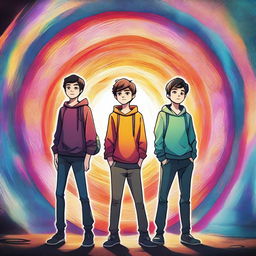 This high-quality digital art showcases three teenage boys, standing confidently in front of a swirling time portal