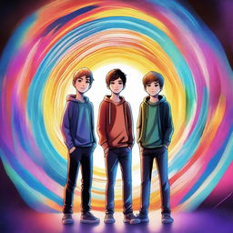 This high-quality digital art showcases three teenage boys, standing confidently in front of a swirling time portal