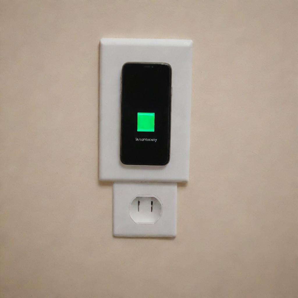 A smartphone with a low battery indicator displayed on its screen, plugged into a wall socket in a cozy home setting.