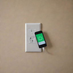 A smartphone with a low battery indicator displayed on its screen, plugged into a wall socket in a cozy home setting.