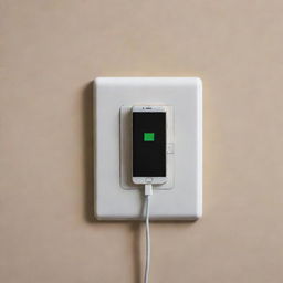 A smartphone with a low battery indicator displayed on its screen, plugged into a wall socket in a cozy home setting.