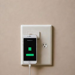 A smartphone with a low battery indicator displayed on its screen, plugged into a wall socket in a cozy home setting.