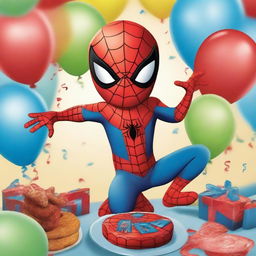 A lively, high-quality digital art image depicting a young boy in a Spider-Man costume at a birthday party