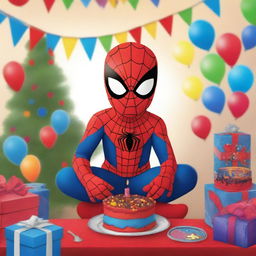 A lively, high-quality digital art image depicting a young boy in a Spider-Man costume at a birthday party