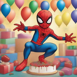 A lively, high-quality digital art image depicting a young boy in a Spider-Man costume at a birthday party