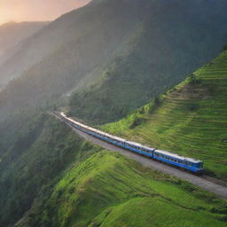 A scenic, detailed and vibrant visual of a train traveling through the green valleys and majestic mountains of Kullu, India during a beautiful sunrise.