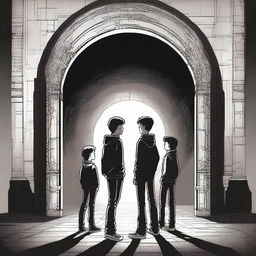 This image is a high-quality digital rendering of three teenage boys standing in front of a dark, modern time portal gate