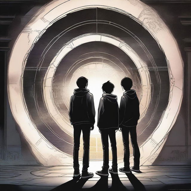 This image is a high-quality digital rendering of three teenage boys standing in front of a dark, modern time portal gate