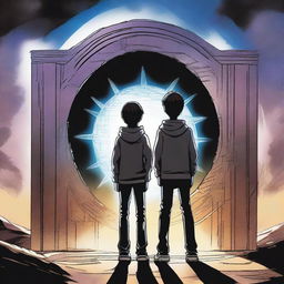 This image is a high-quality digital rendering of three teenage boys standing in front of a dark, modern time portal gate