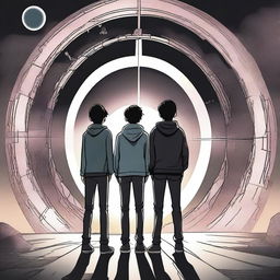 This image is a high-quality digital rendering of three teenage boys standing in front of a dark, modern time portal gate