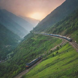 A scenic, detailed and vibrant visual of a train traveling through the green valleys and majestic mountains of Kullu, India during a beautiful sunrise.