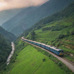 A scenic, detailed and vibrant visual of a train traveling through the green valleys and majestic mountains of Kullu, India during a beautiful sunrise.