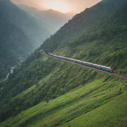 A scenic, detailed and vibrant visual of a train traveling through the green valleys and majestic mountains of Kullu, India during a beautiful sunrise.