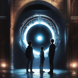 A high-resolution digital art piece depicts three teenage boys standing in front of a dark, modern time portal door