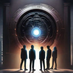 A high-resolution digital art piece depicts three teenage boys standing in front of a dark, modern time portal door