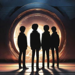 A high-resolution digital art piece depicts three teenage boys standing in front of a dark, modern time portal door