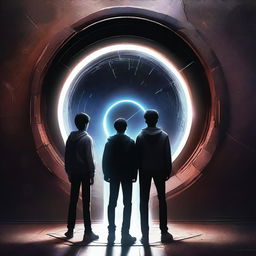 A high-resolution digital art piece depicts three teenage boys standing in front of a dark, modern time portal door