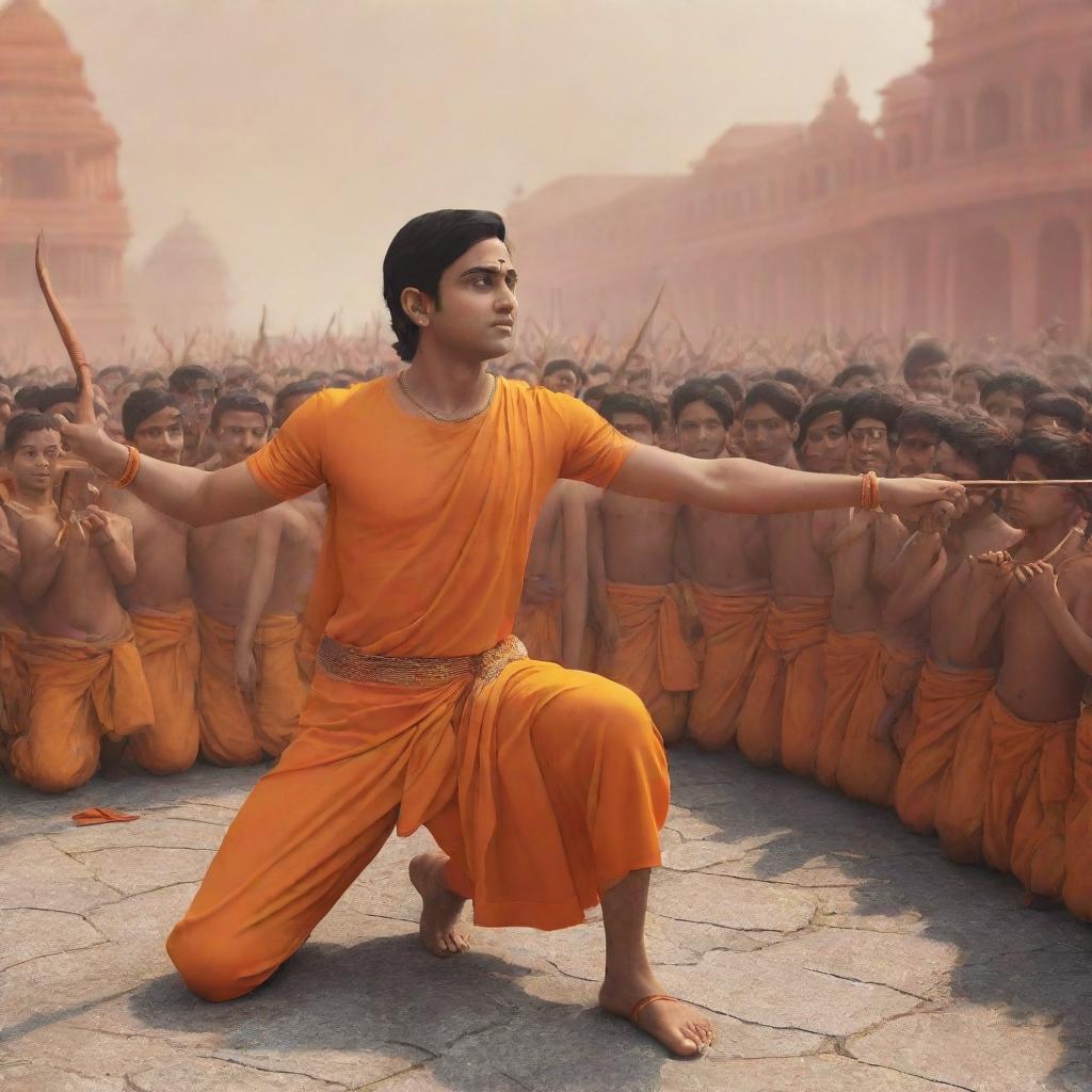 3D illustration of Lord Rama holding a bow and arrow, returning to Ayodhya with a crowd welcoming him. A boy named Chandan, dressed in a saffron t-shirt, kneels in homage to Lord Rama.