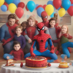 A high-quality digital art image of a young boy dressed as Spider-Man at a birthday party, surrounded by characters from The Avengers