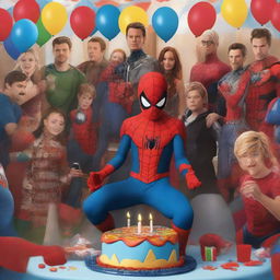 A high-quality digital art image of a young boy dressed as Spider-Man at a birthday party, surrounded by characters from The Avengers