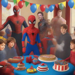 A high-quality digital art image of a young boy dressed as Spider-Man at a birthday party, surrounded by characters from The Avengers