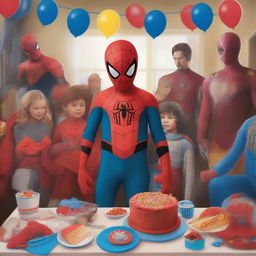 A high-quality digital art image of a young boy dressed as Spider-Man at a birthday party, surrounded by characters from The Avengers