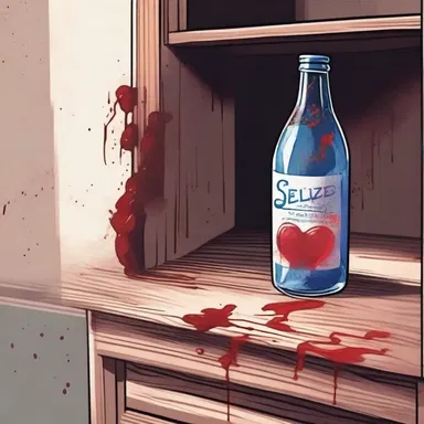 The protagonist's heart raced as she opened the cabinet and found a mysterious, blood-soaked bottle of seltzer.