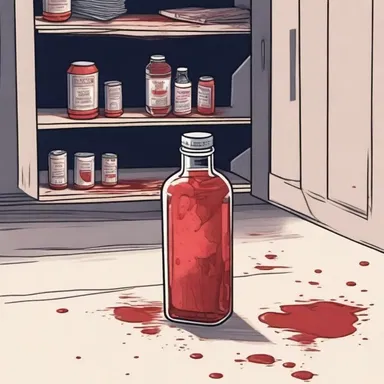 The protagonist's heart raced as she opened the cabinet and found a mysterious, blood-soaked bottle of seltzer.