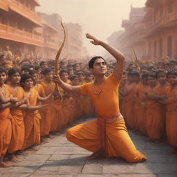 3D illustration of Lord Rama holding a bow and arrow, returning to Ayodhya with a crowd welcoming him. A boy named Chandan, dressed in a saffron t-shirt, kneels in homage to Lord Rama.