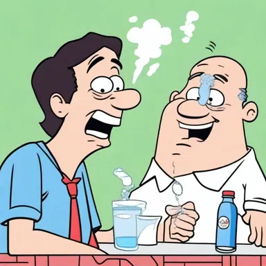 In the cartoon, the character sprayed seltzer on everyone's face, resulting in a comical reaction.