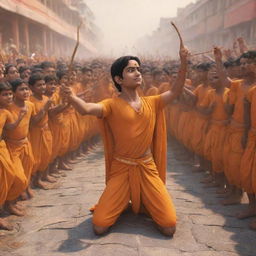 3D illustration of Lord Rama holding a bow and arrow, returning to Ayodhya with a crowd welcoming him. A boy named Chandan, dressed in a saffron t-shirt, kneels in homage to Lord Rama.