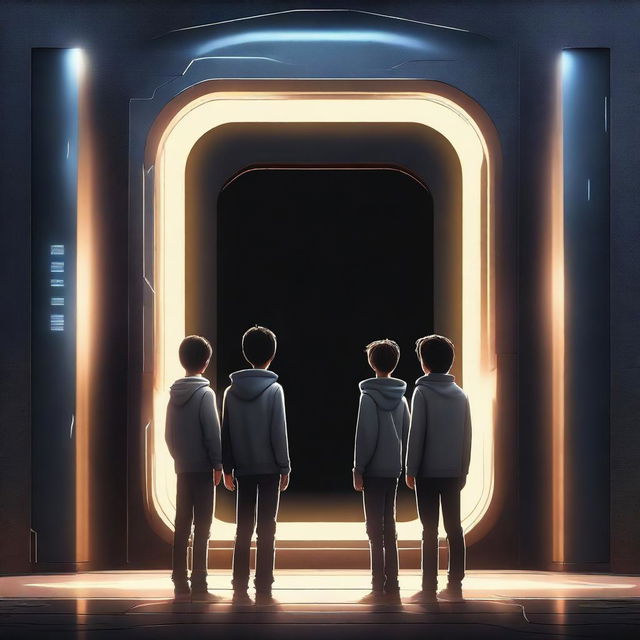 This is a top-notch digital art piece portraying three teenage boys standing in front of a rectangular, dark, modern time portal door