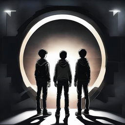 This is a top-notch digital art piece portraying three teenage boys standing in front of a rectangular, dark, modern time portal door