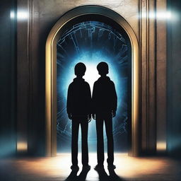 This is a top-notch digital art piece portraying three teenage boys standing in front of a rectangular, dark, modern time portal door