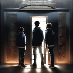 This is a top-notch digital art piece portraying three teenage boys standing in front of a rectangular, dark, modern time portal door