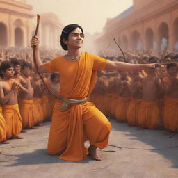 3D illustration of Lord Rama holding a bow and arrow, returning to Ayodhya with a crowd welcoming him. A boy named Chandan, dressed in a saffron t-shirt, kneels in homage to Lord Rama.