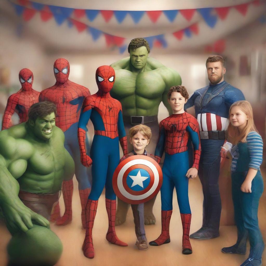 An energetic, high-quality digital art image showcasing a young boy dressed as Spider-Man at his birthday party, surrounded by Captain America, Thor, Hulk, Wolverine, and Iron Man