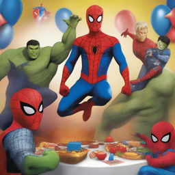 An energetic, high-quality digital art image showcasing a young boy dressed as Spider-Man at his birthday party, surrounded by Captain America, Thor, Hulk, Wolverine, and Iron Man