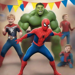 An energetic, high-quality digital art image showcasing a young boy dressed as Spider-Man at his birthday party, surrounded by Captain America, Thor, Hulk, Wolverine, and Iron Man