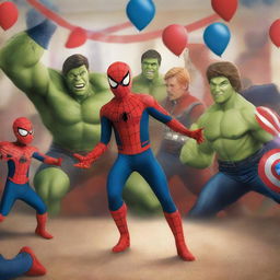 An energetic, high-quality digital art image showcasing a young boy dressed as Spider-Man at his birthday party, surrounded by Captain America, Thor, Hulk, Wolverine, and Iron Man