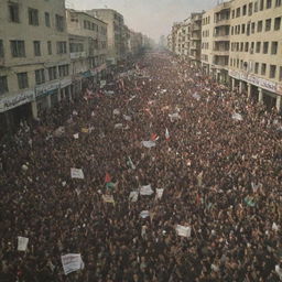 A dramatic scene from the Iran Revolution, featuring large crowds of protestors, banners with Farsi slogans, and the backdrop of city streets, capturing the historic event without violence.