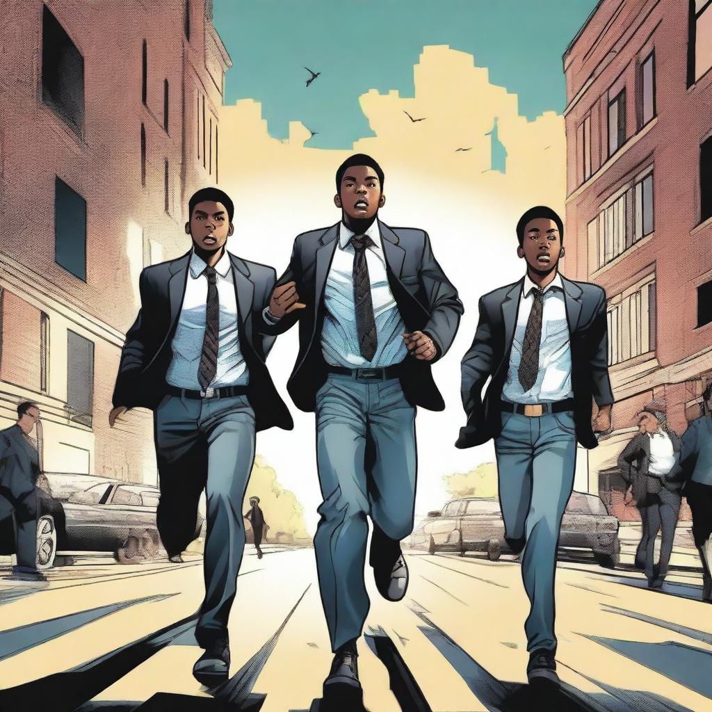 A high-quality digital illustration showcases three teenage boys, dressed casually in jeans and flannel shirts, running away from three men in black business suits