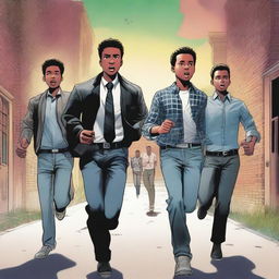 A high-quality digital illustration showcases three teenage boys, dressed casually in jeans and flannel shirts, running away from three men in black business suits