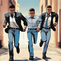 A high-quality digital illustration showcases three teenage boys, dressed casually in jeans and flannel shirts, running away from three men in black business suits