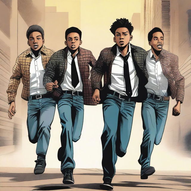 A high-quality digital illustration showcases three teenage boys, dressed casually in jeans and flannel shirts, running away from three men in black business suits