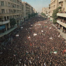 A dramatic scene from the Iran Revolution, featuring large crowds of protestors, banners with Farsi slogans, and the backdrop of city streets, capturing the historic event without violence.