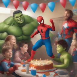 A lively, high-quality digital art image depicting a young boy dressed as Spider-Man celebrating his birthday with Captain America, Thor, Hulk, Wolverine, and Iron Man